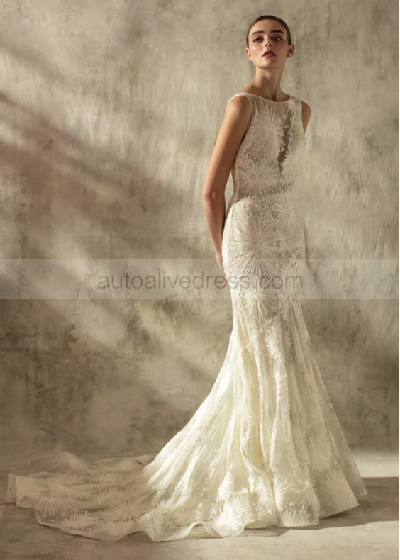 Beaded Boat Neck Ivory Lace V Back Wedding Dress